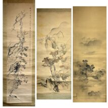 「高麗青磁 陽刻花弁紋菓子鉢」「高麗青磁 象嵌花弁紋鉢」「三和高麗焼 象嵌 柳水鳥紋 双耳花瓶」「高麗青磁 辰砂 鉢/高麗青磁 象嵌雲鶴紋煎茶碗・湯冷まし/李朝 魚屋茶碗」「朝鮮美術 螺鈿楽浪式紋様蓋器」「野口幽谷 罌粟花下猫図 掛軸」「垣内雲嶙/川端玉章 掛軸」「戦前のトランクや火鉢、オールド深川製磁、香蘭社等の陶磁器類、香炉や燭台などの仏具等」
